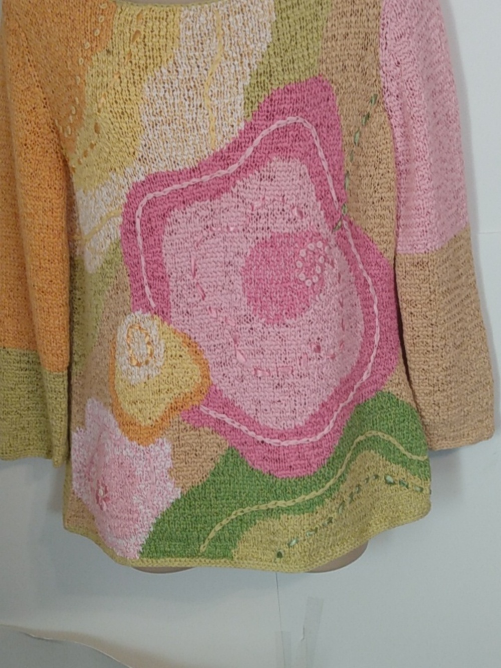 Pastel Floral Cottagecore Whimsy Lightweight Sweater Woven Ribbon Pink Yellow - Picture 4 of 11